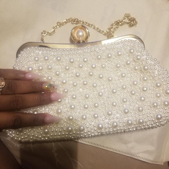 Neiman Marcus Rhinestone Pearl Clutch Crossbody Shoulder Bag - Picture 2 of 5